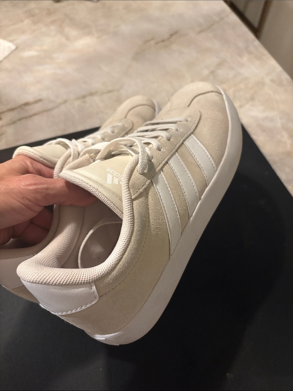 adidas Women’s Cream Suede Low-Top Sneakers with White Stripes